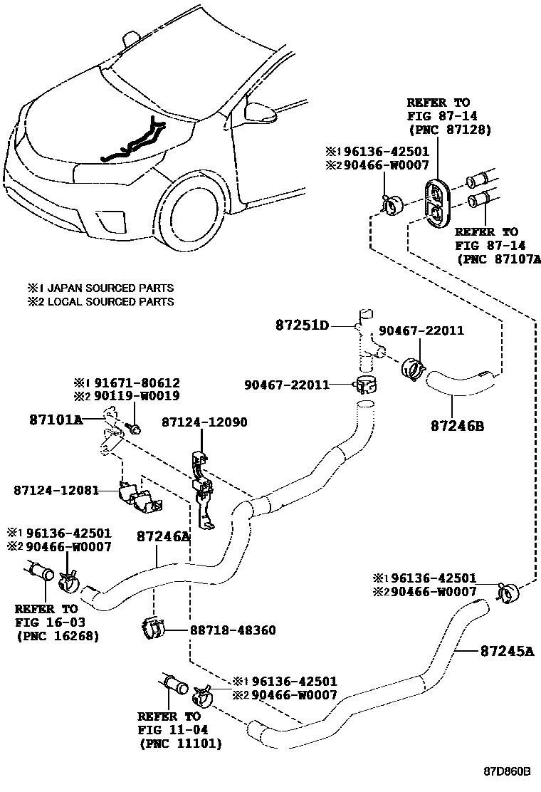 Toyota COROLLA 暖风和空调系统 - 水管 EPC diagram — 87D860B
