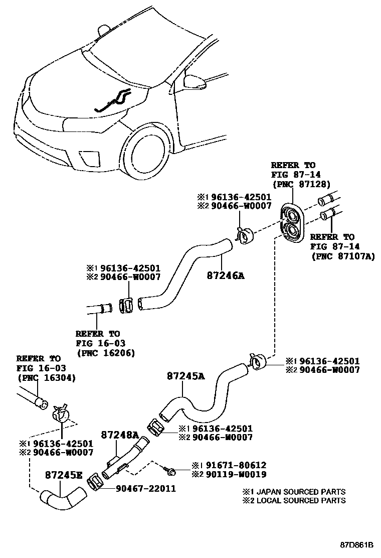 Toyota COROLLA 暖风和空调系统 - 水管 EPC diagram — 87D861B