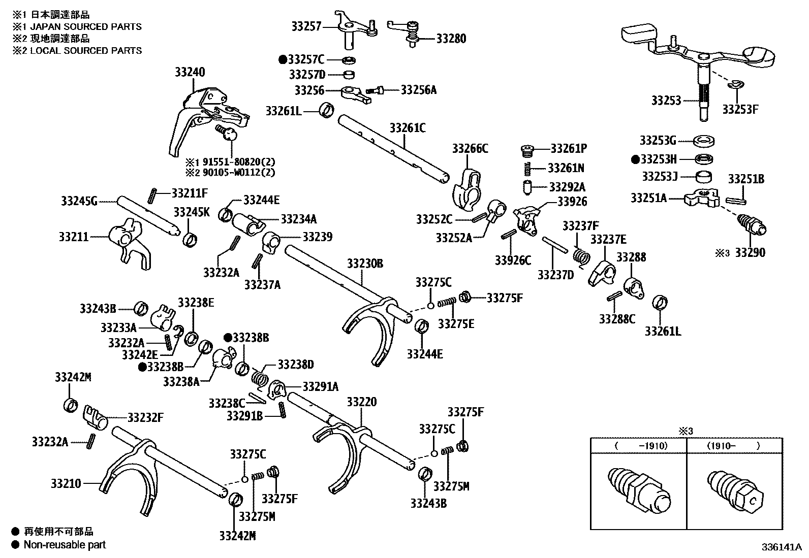 Toyota COROLLA 换档拨叉和换档杆轴(MTM) EPC diagram — 336141A