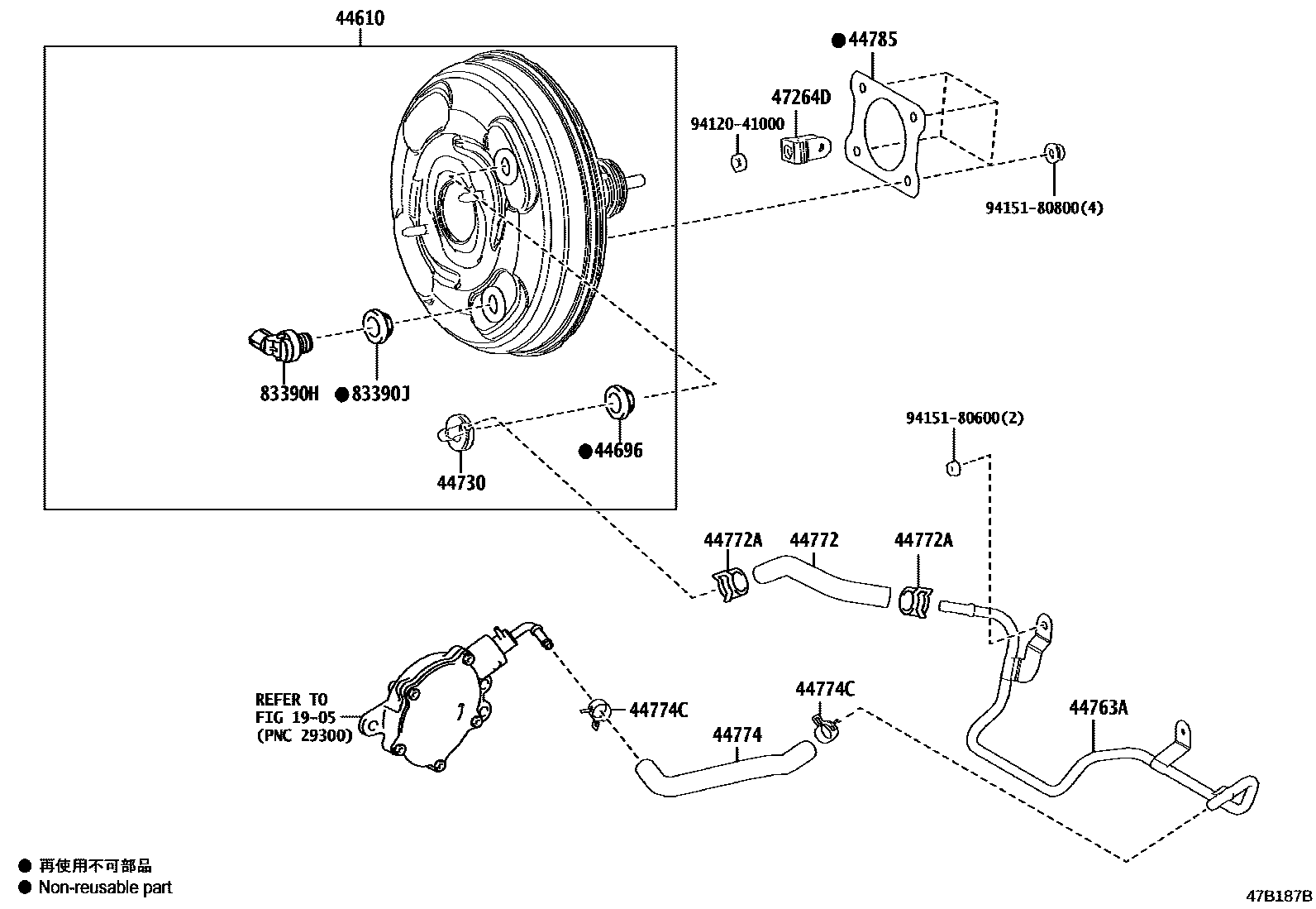 Toyota COROLLA 制动助力器和真空管 EPC diagram — 47B187B