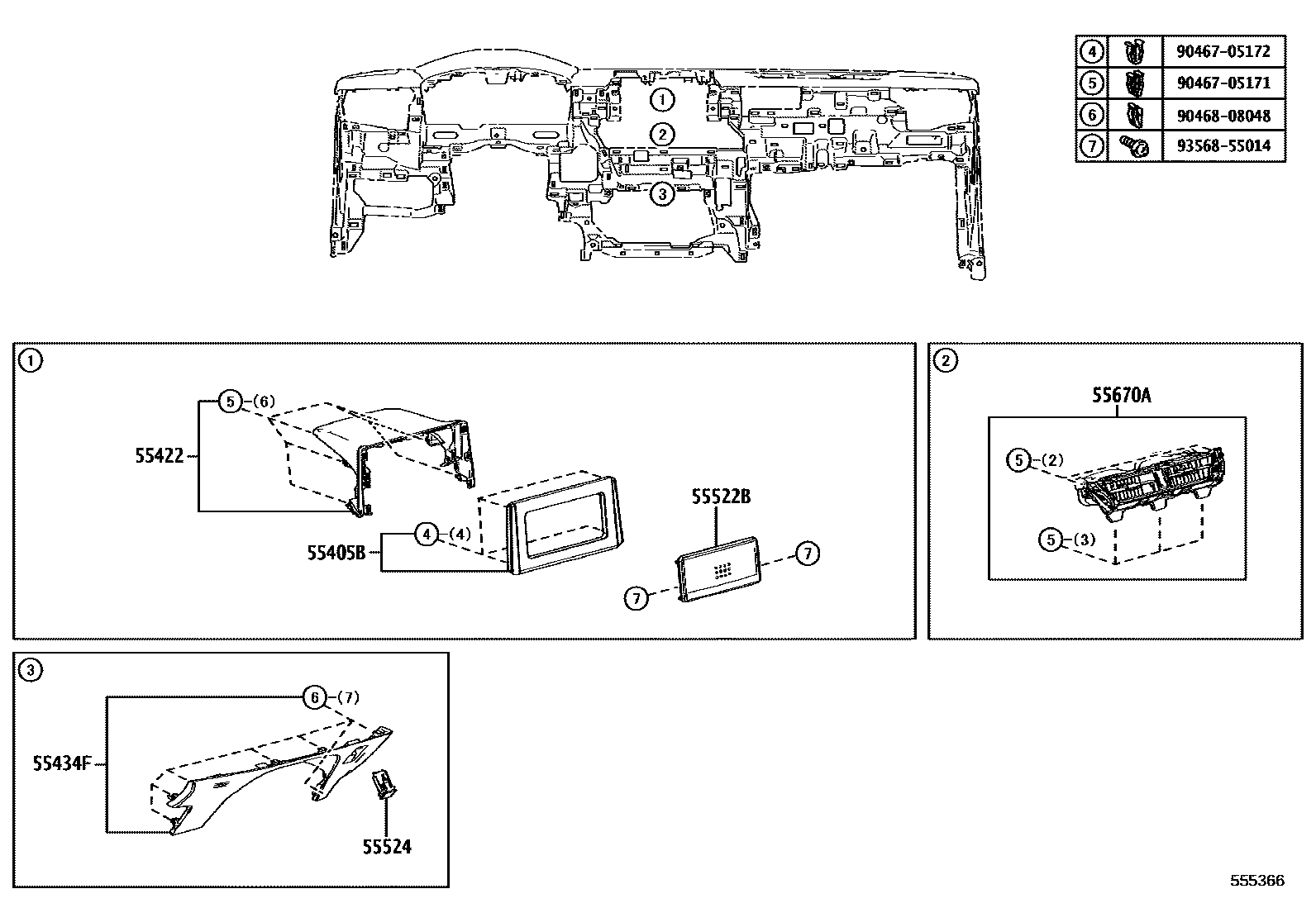 Toyota COROLLA 仪表板和手套箱 EPC diagram — 555366
