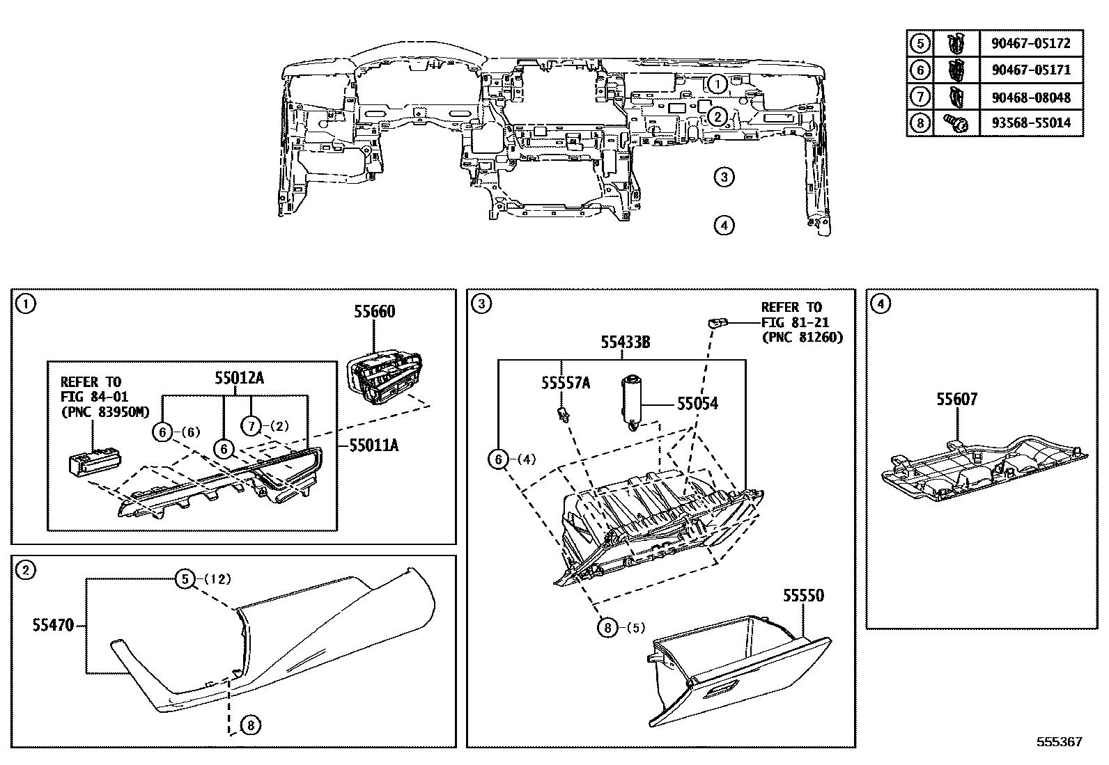 Toyota COROLLA 仪表板和手套箱 EPC diagram — 555367