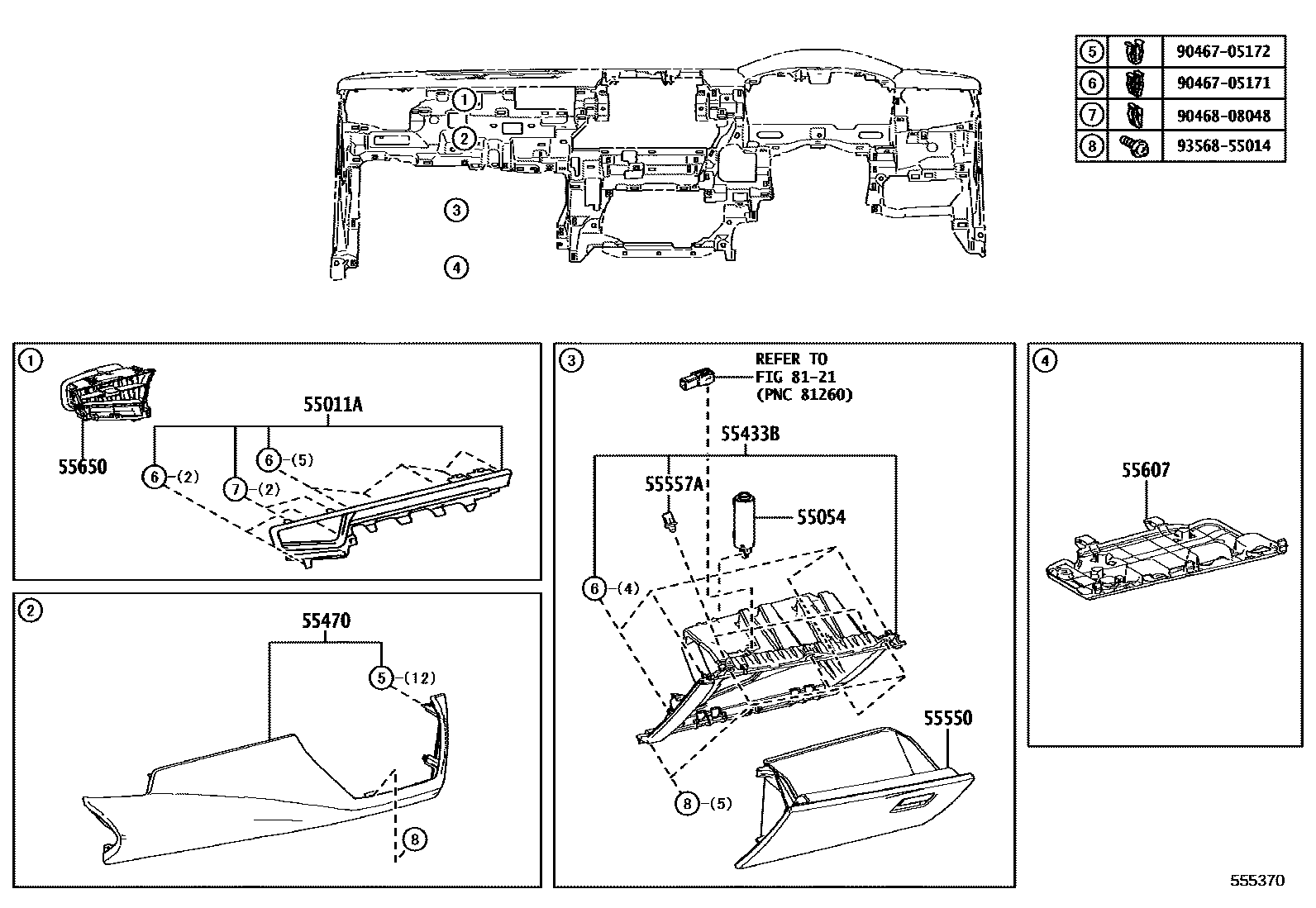 Toyota COROLLA 仪表板和手套箱 EPC diagram — 555370