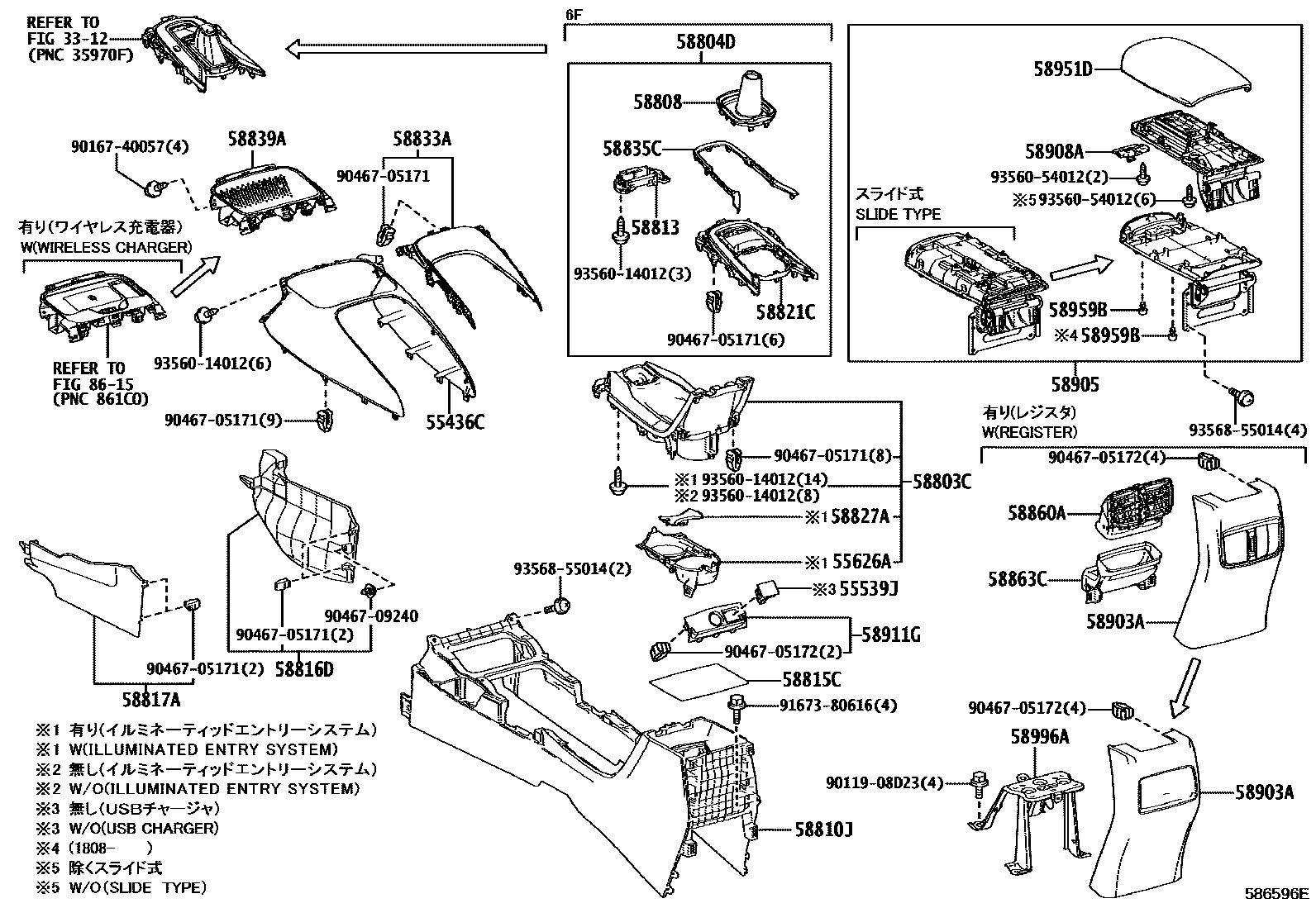 Toyota COROLLA 中央扶手箱和支架 EPC diagram — 586596E