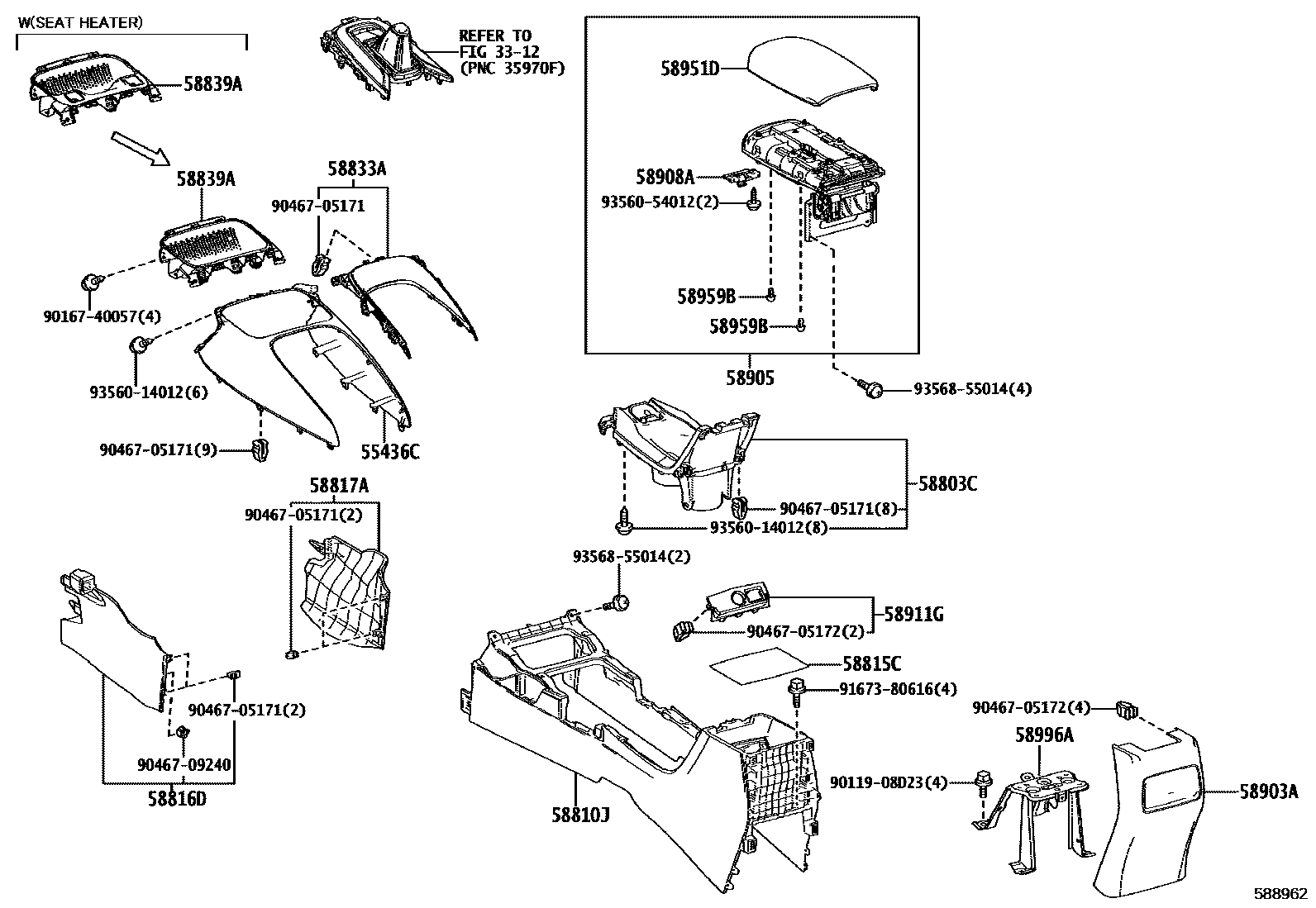 Toyota COROLLA 中央扶手箱和支架 EPC diagram — 588962