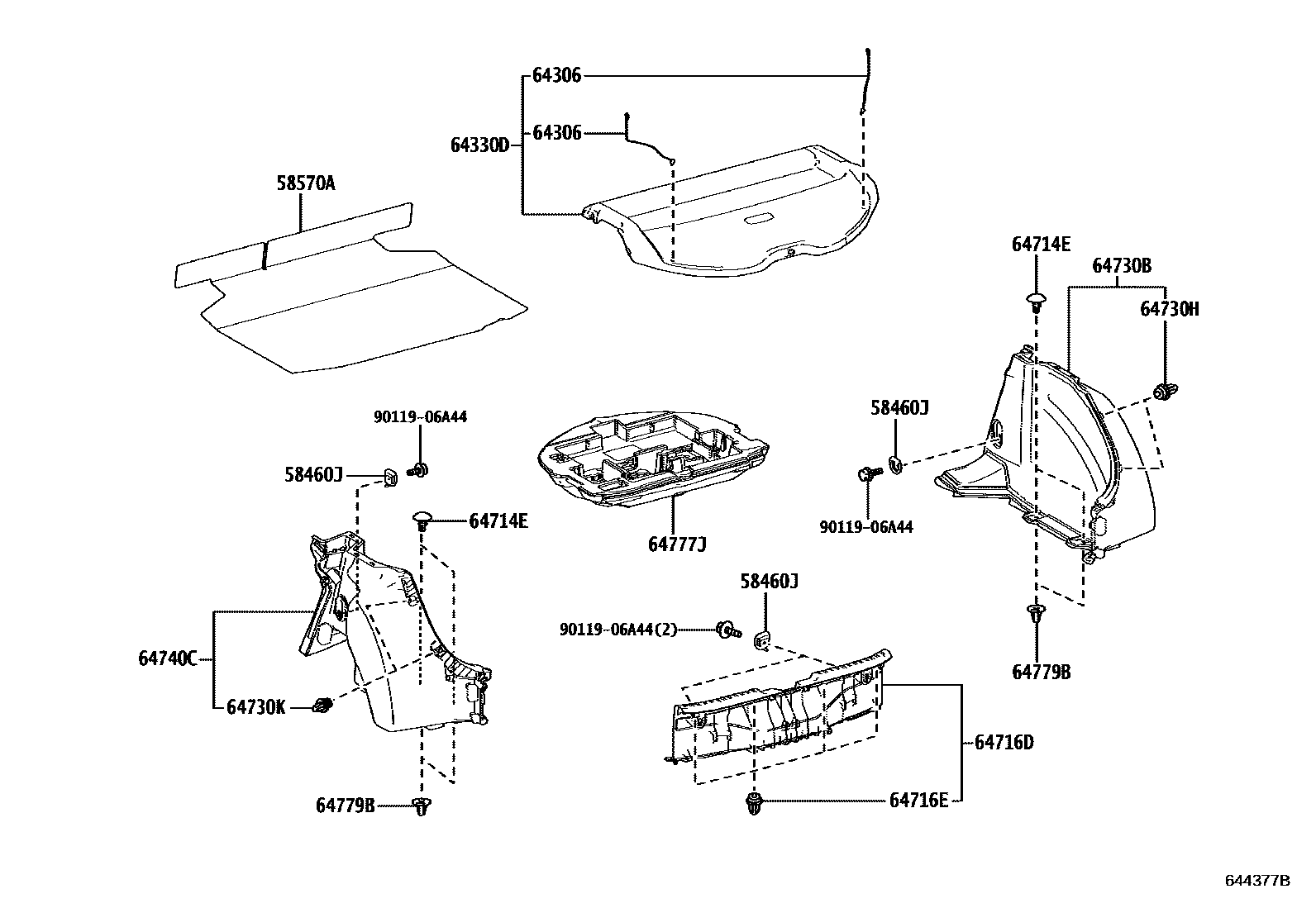Toyota COROLLA 底板和底板装饰罩 EPC diagram — 644377B