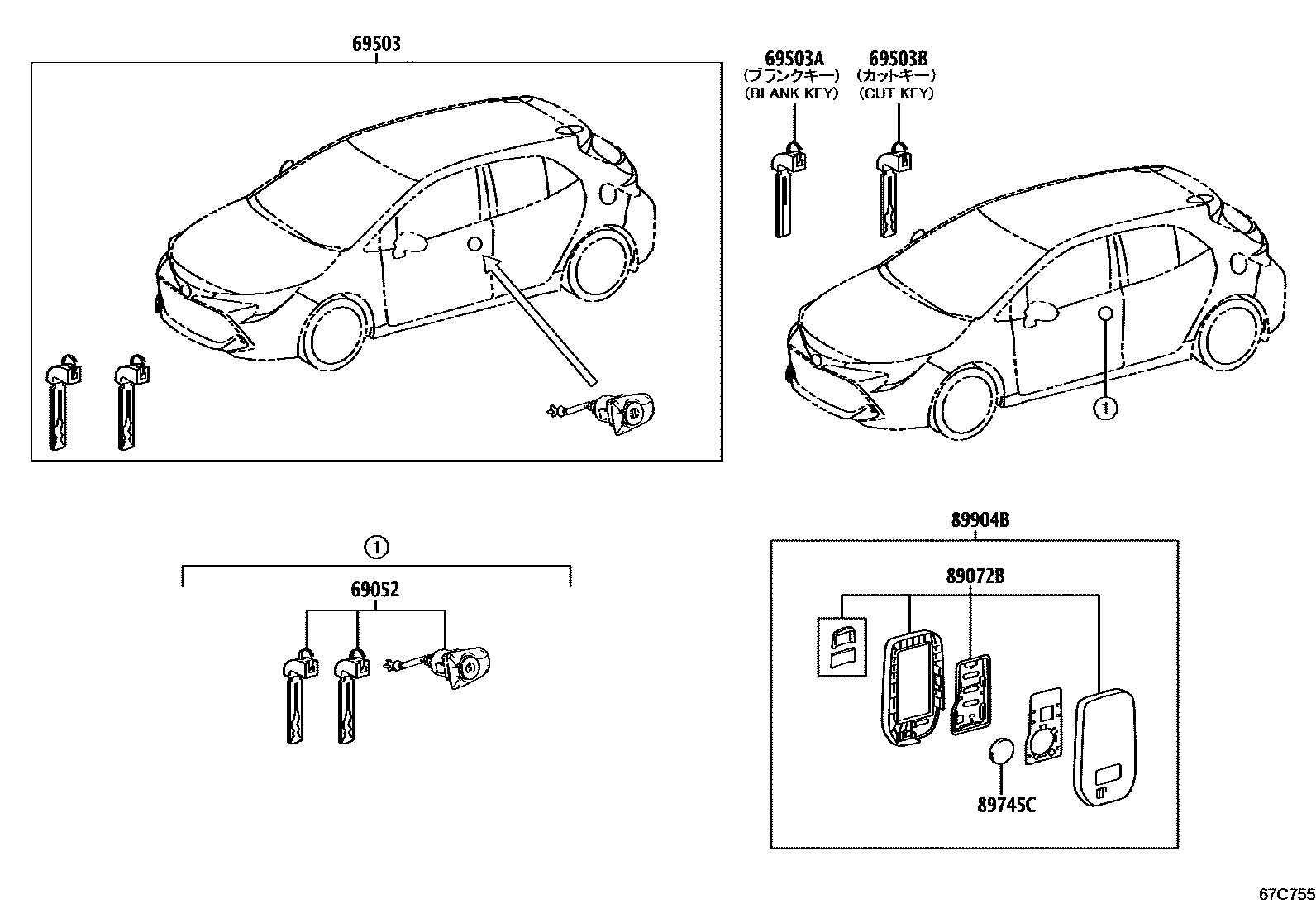 Toyota COROLLA 锁芯组件 EPC diagram — 67C755