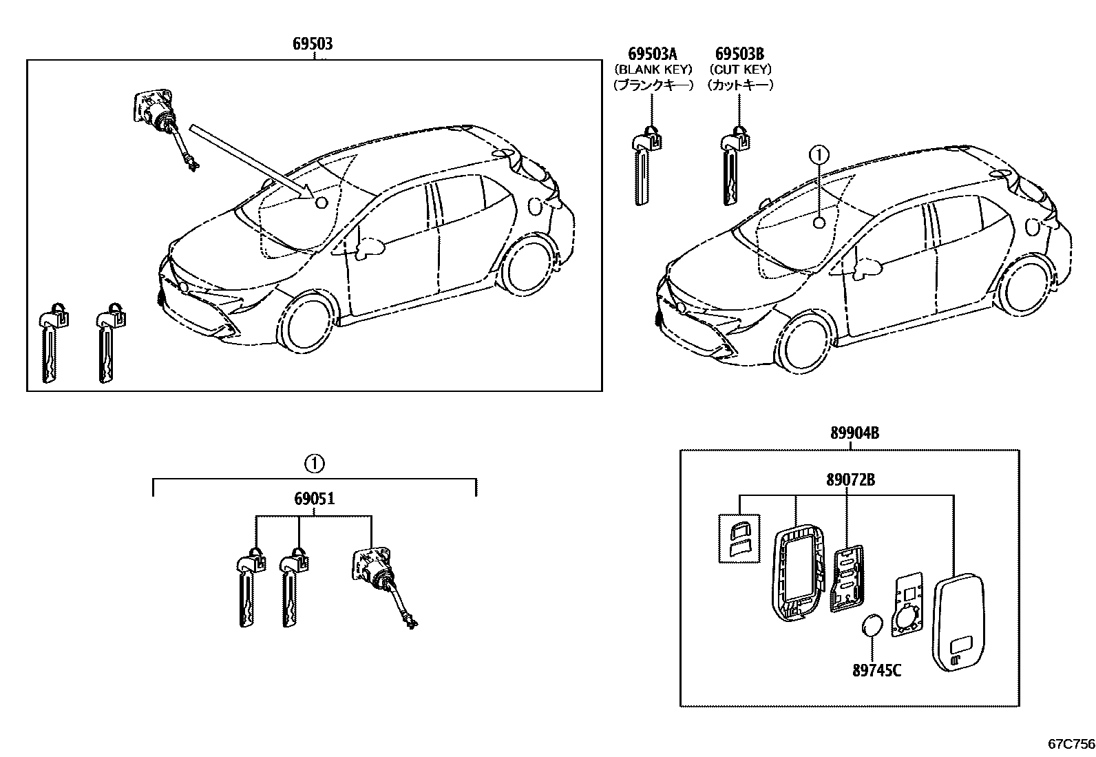 Toyota COROLLA 锁芯组件 EPC diagram — 67C756