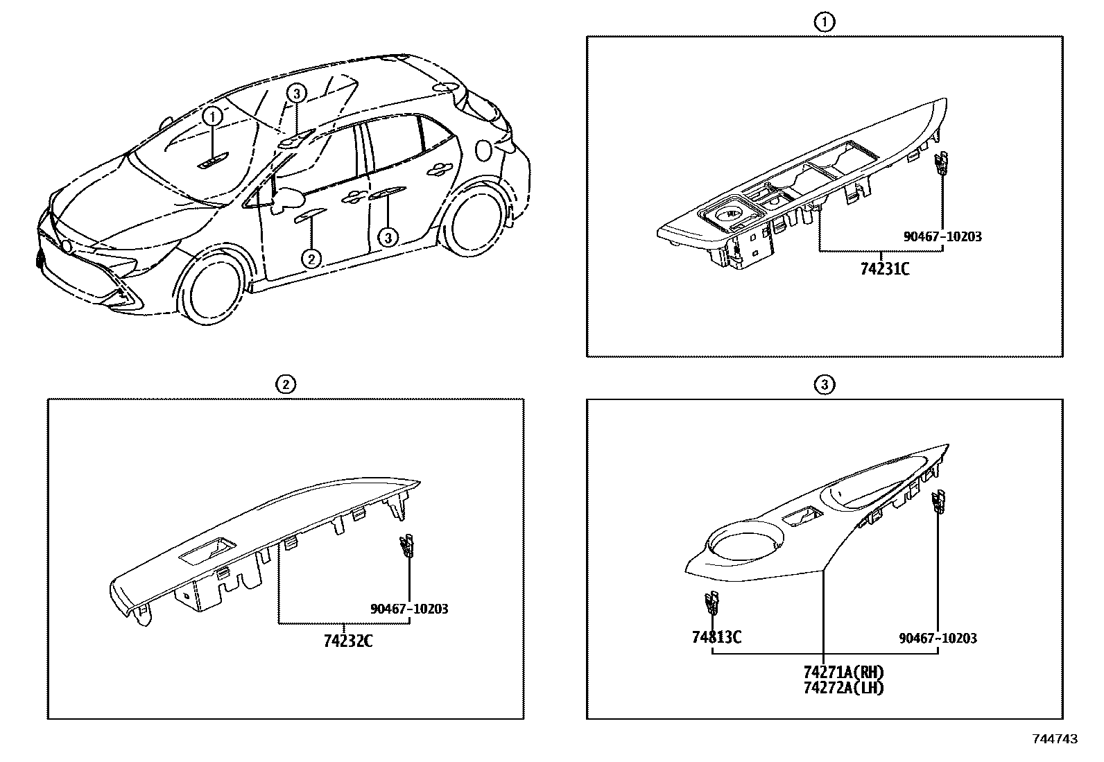 Toyota COROLLA 扶手和遮阳板 EPC diagram — 744743