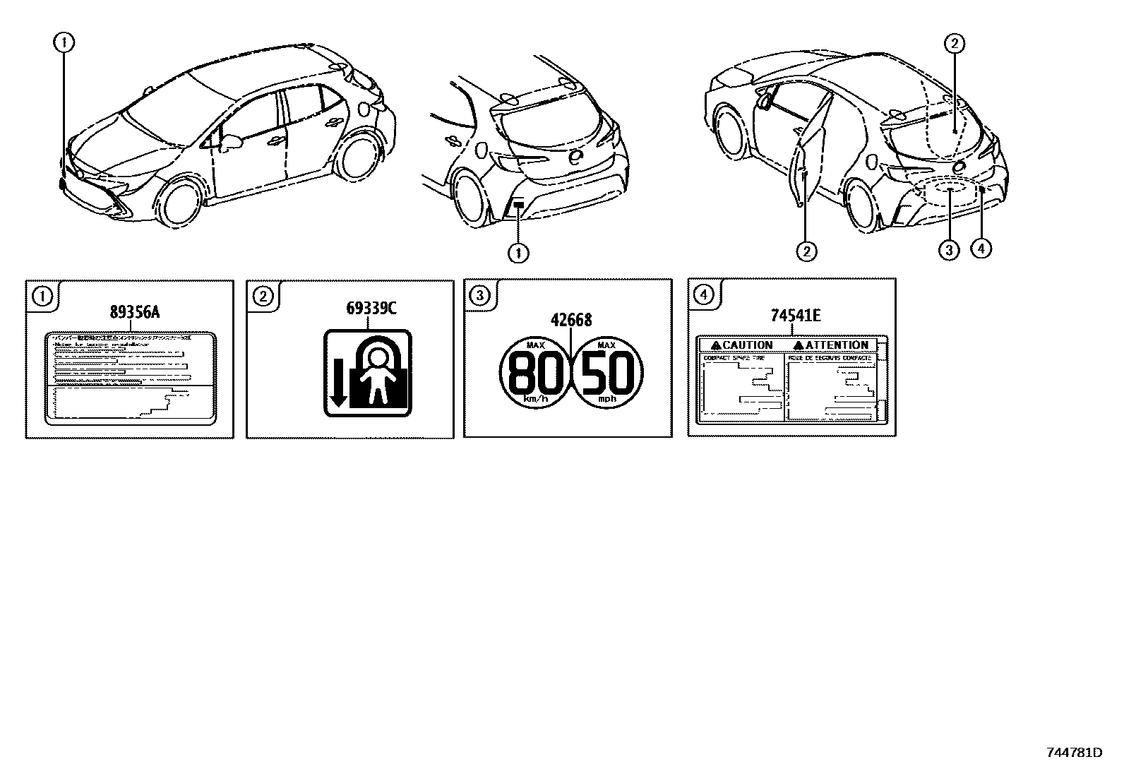 Toyota COROLLA 警示铭牌(车外和车内) EPC diagram — 744781D