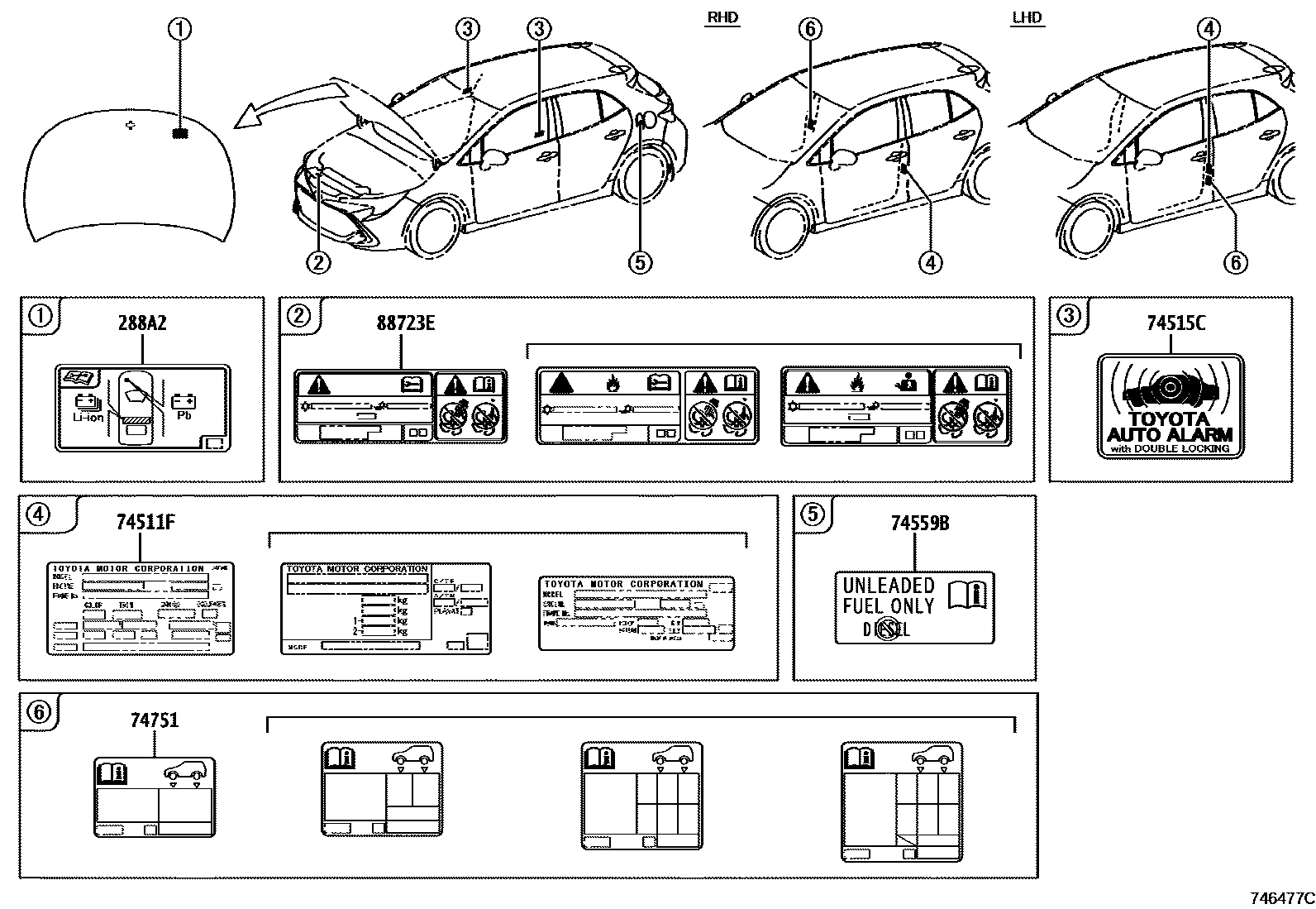 Toyota COROLLA 警示铭牌(车外和车内) EPC diagram — 746477C