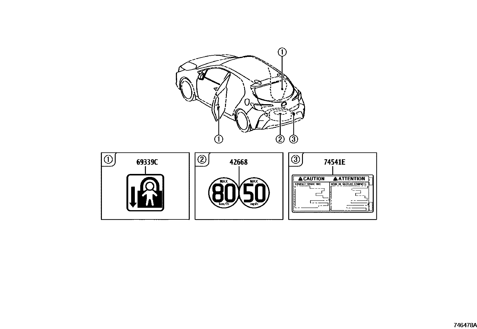 Toyota COROLLA 警示铭牌(车外和车内) EPC diagram — 746478A