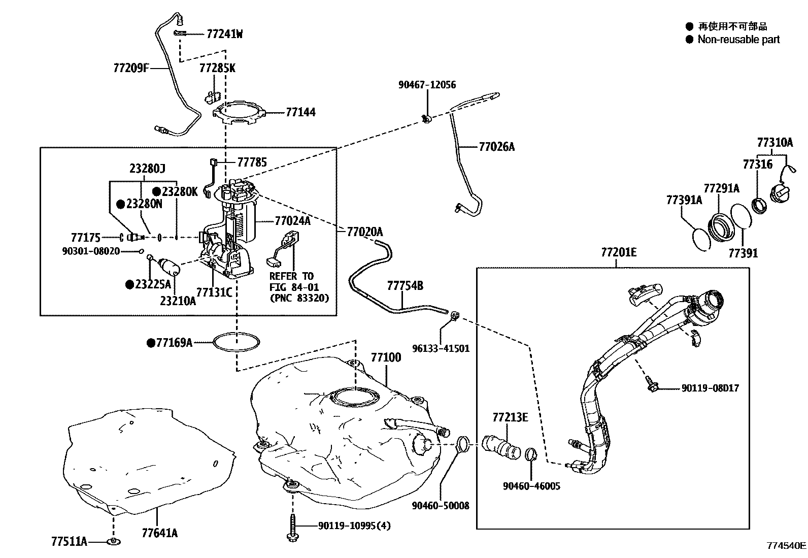 Toyota COROLLA 燃油箱和燃油管 EPC diagram — 774540E