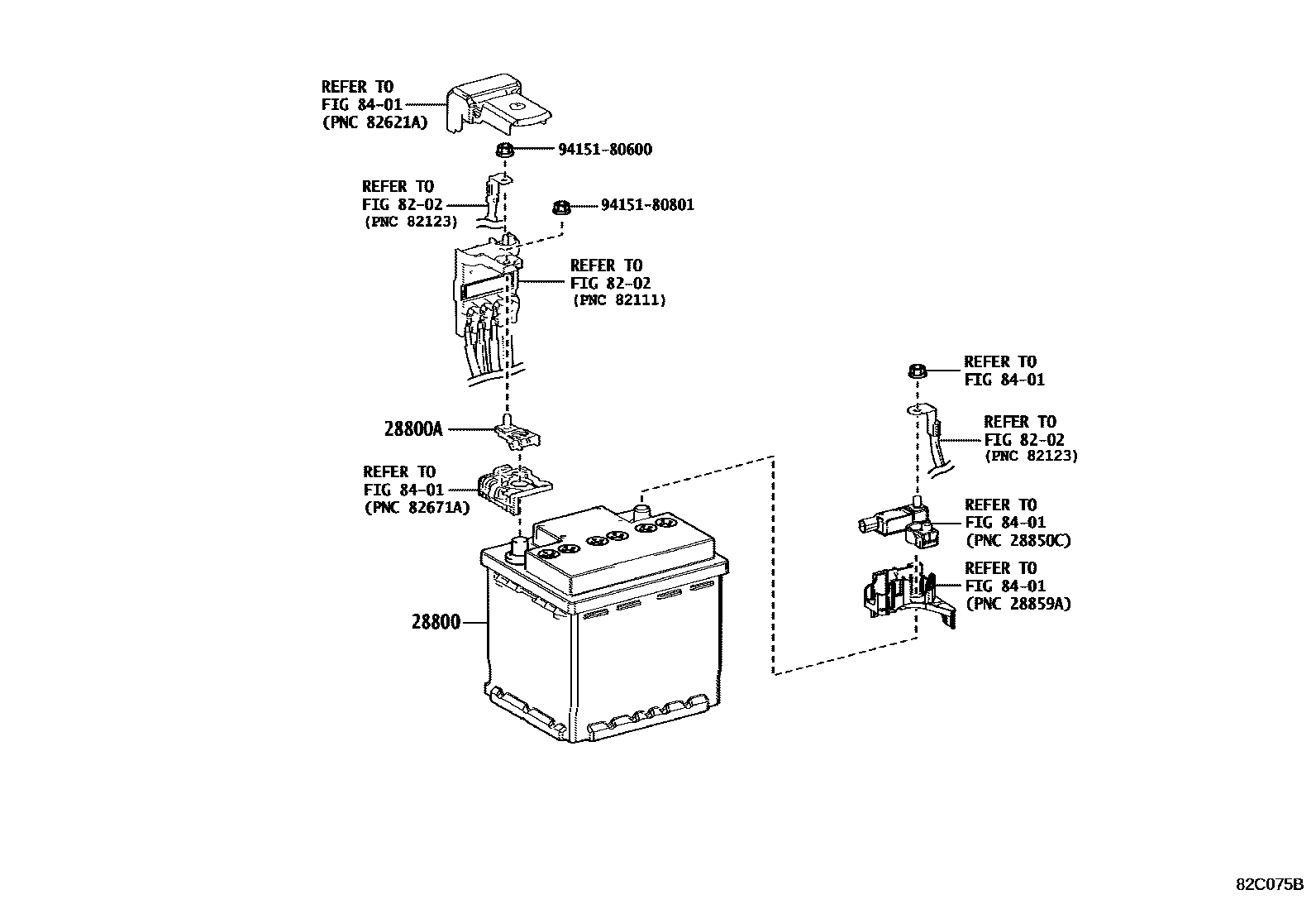 Toyota COROLLA 蓄电池和蓄电池电缆 EPC diagram — 82C075B