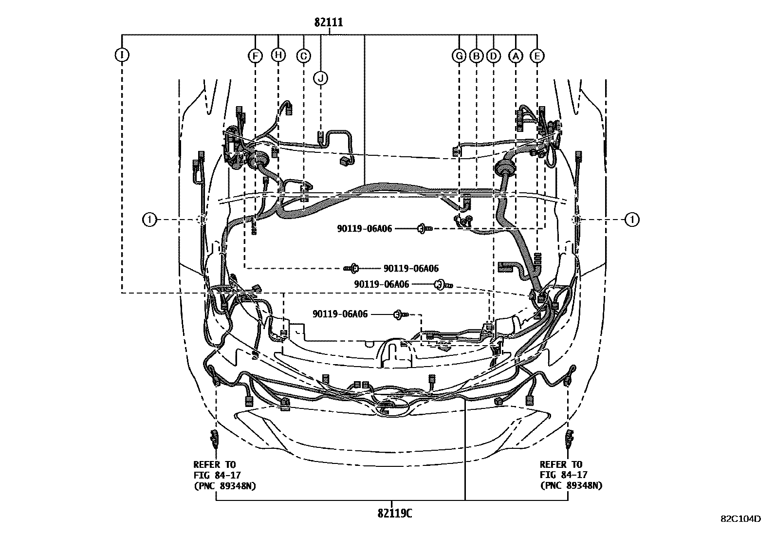 Toyota COROLLA 线束和卡夹 EPC diagram — 82C104D
