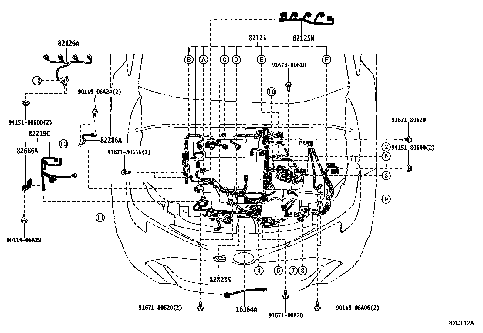 Toyota COROLLA 线束和卡夹 EPC diagram — 82C112A