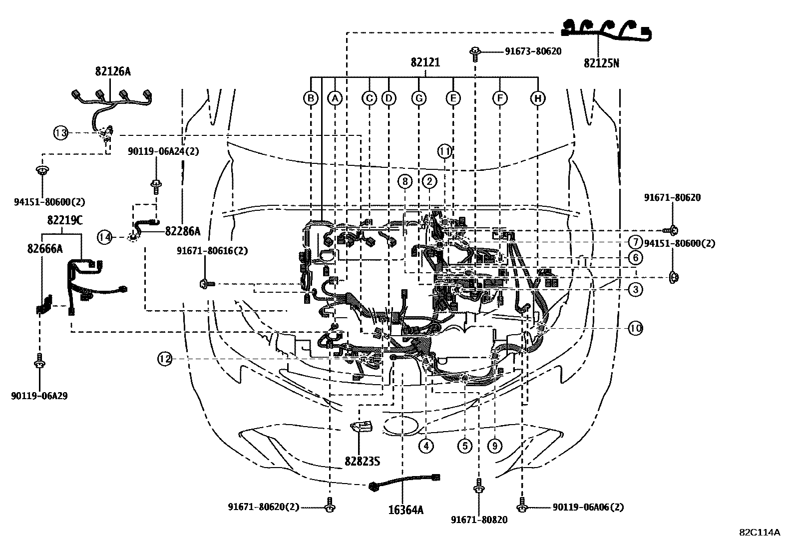 Toyota COROLLA 线束和卡夹 EPC diagram — 82C114A