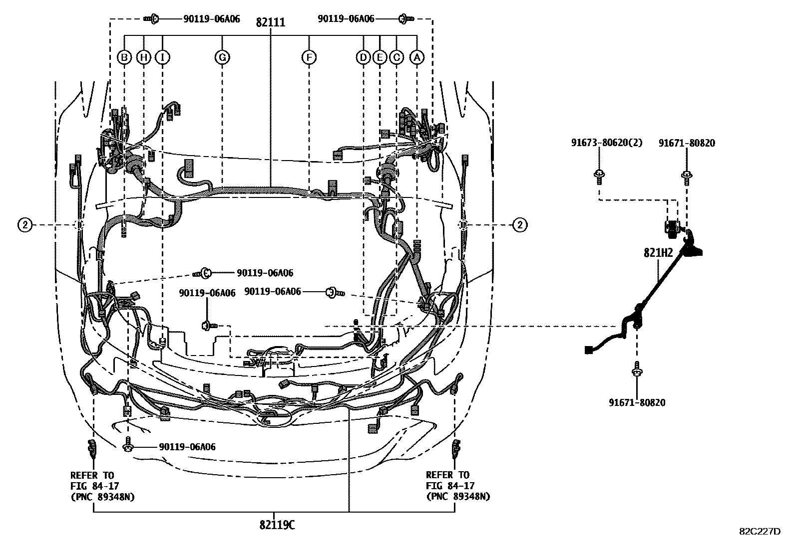 Toyota COROLLA 线束和卡夹 EPC diagram — 82C227D