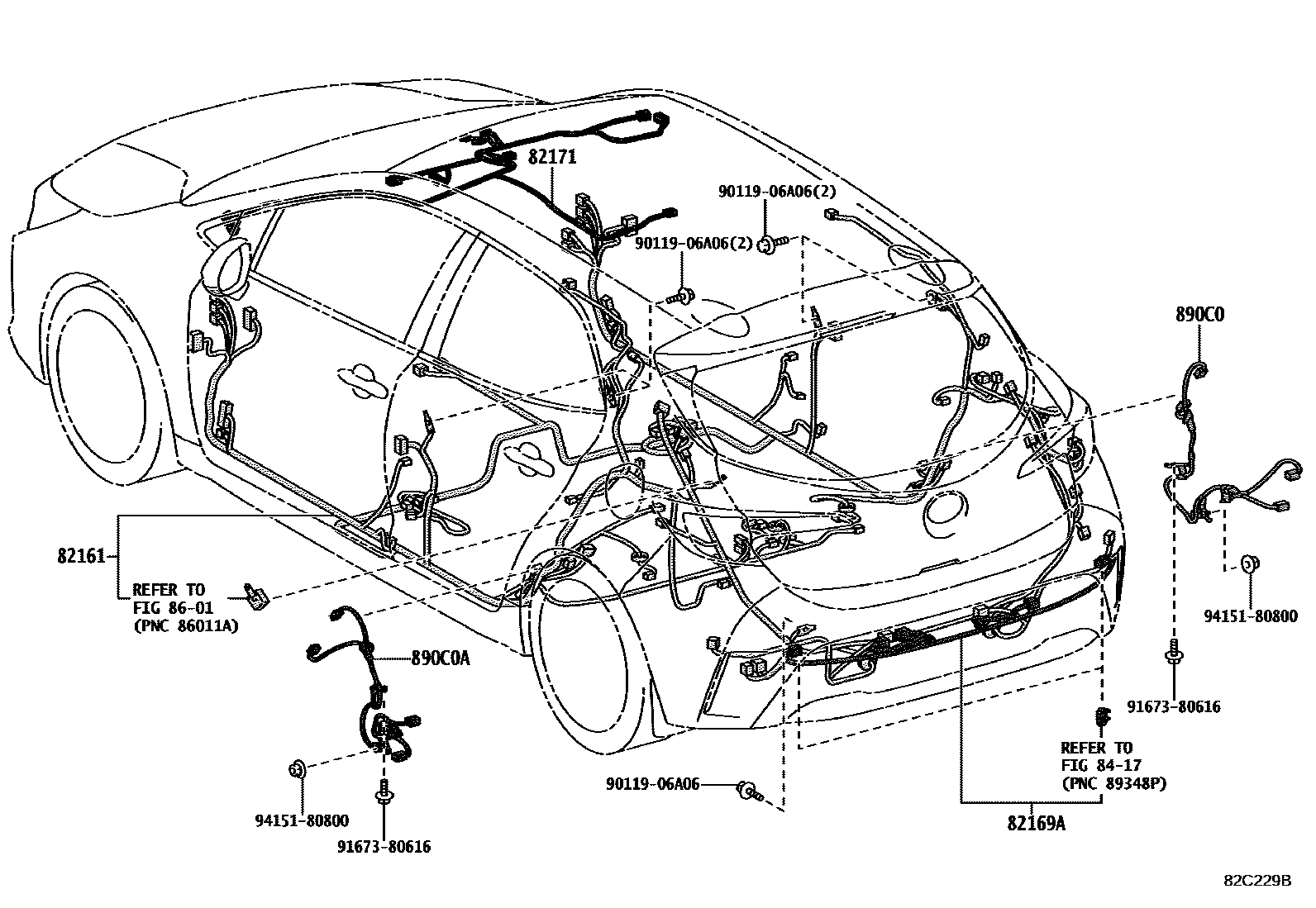 Toyota COROLLA 线束和卡夹 EPC diagram — 82C229B