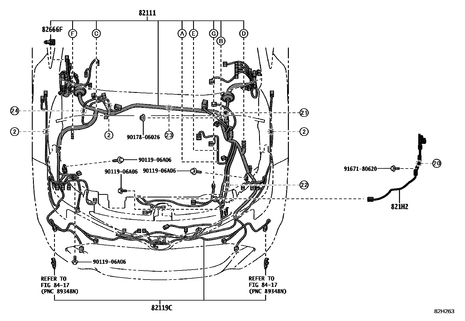 Toyota COROLLA 线束和卡夹 EPC diagram — 82H263