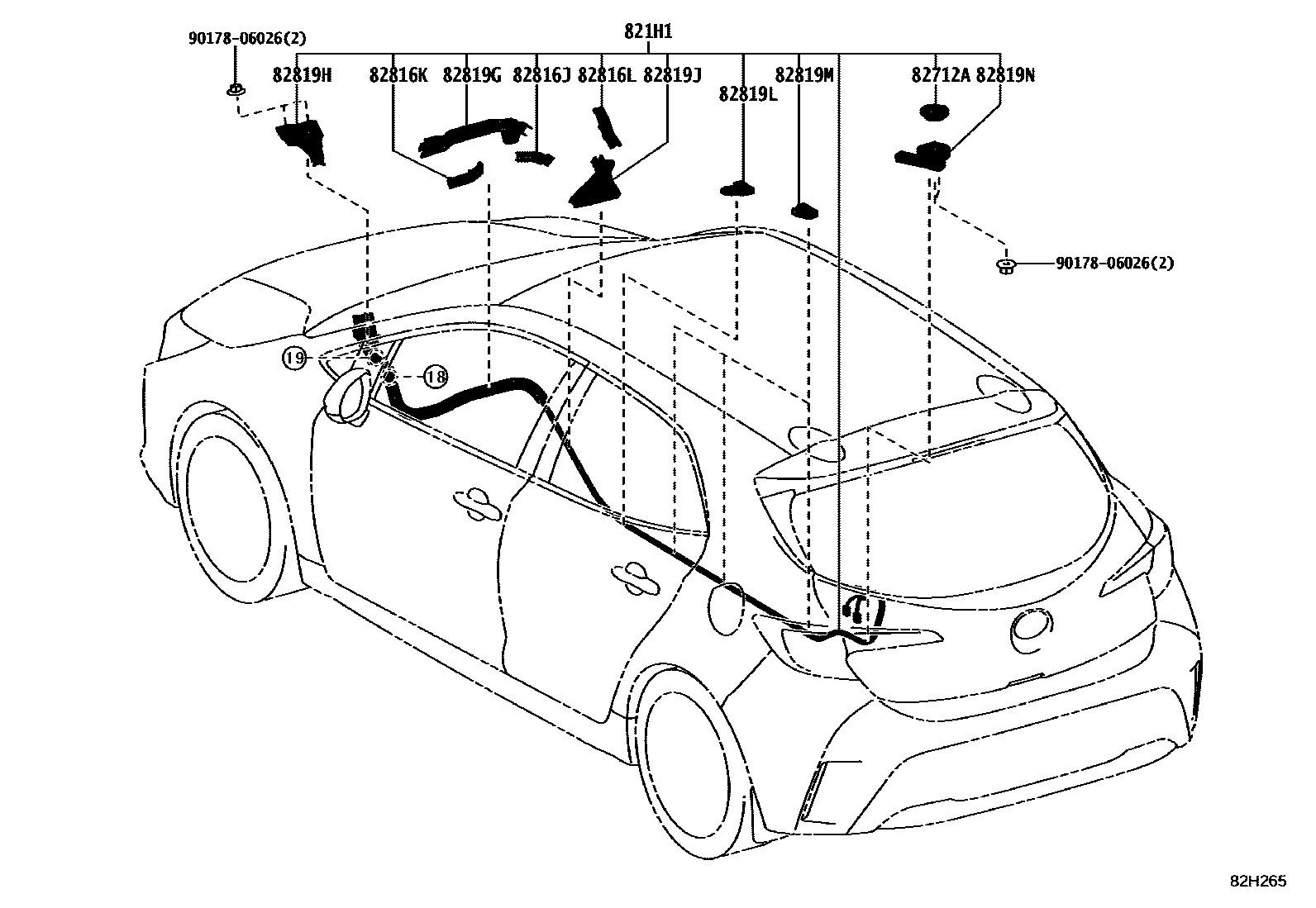 Toyota COROLLA 线束和卡夹 EPC diagram — 82H265