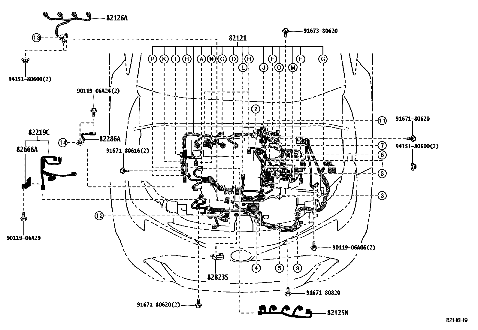 Toyota COROLLA 线束和卡夹 EPC diagram — 82H6H9