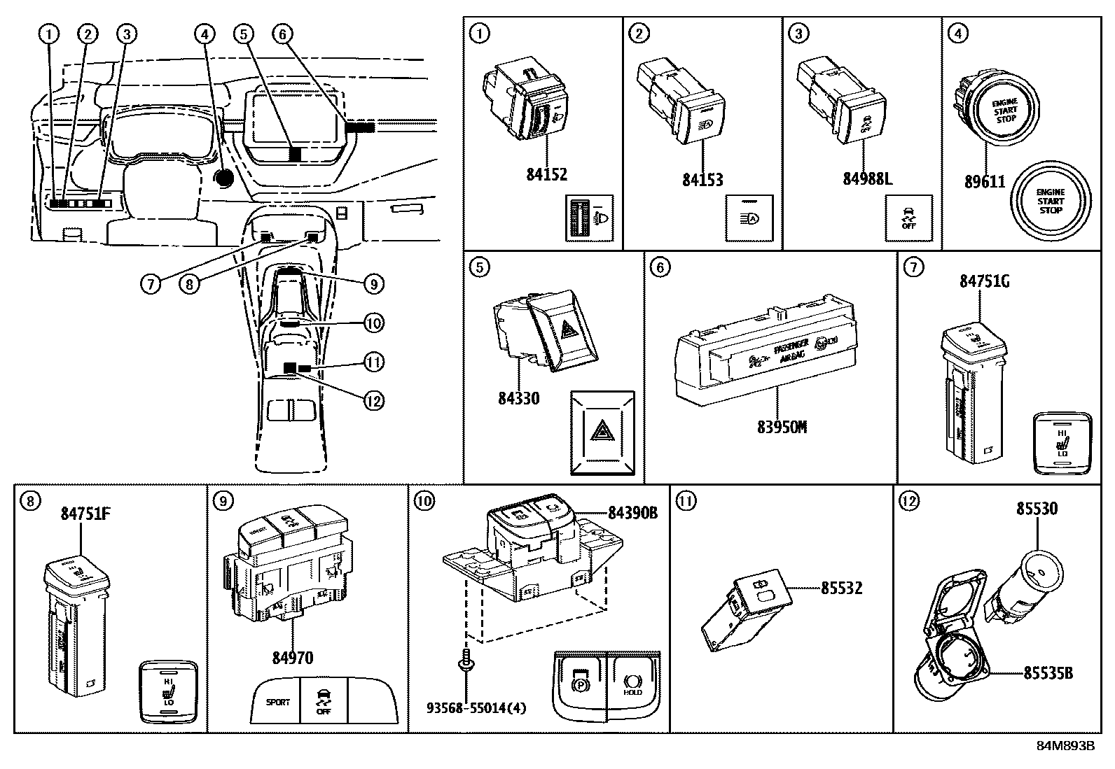 Toyota COROLLA 开关和继电器和ECU EPC diagram — 84M893B