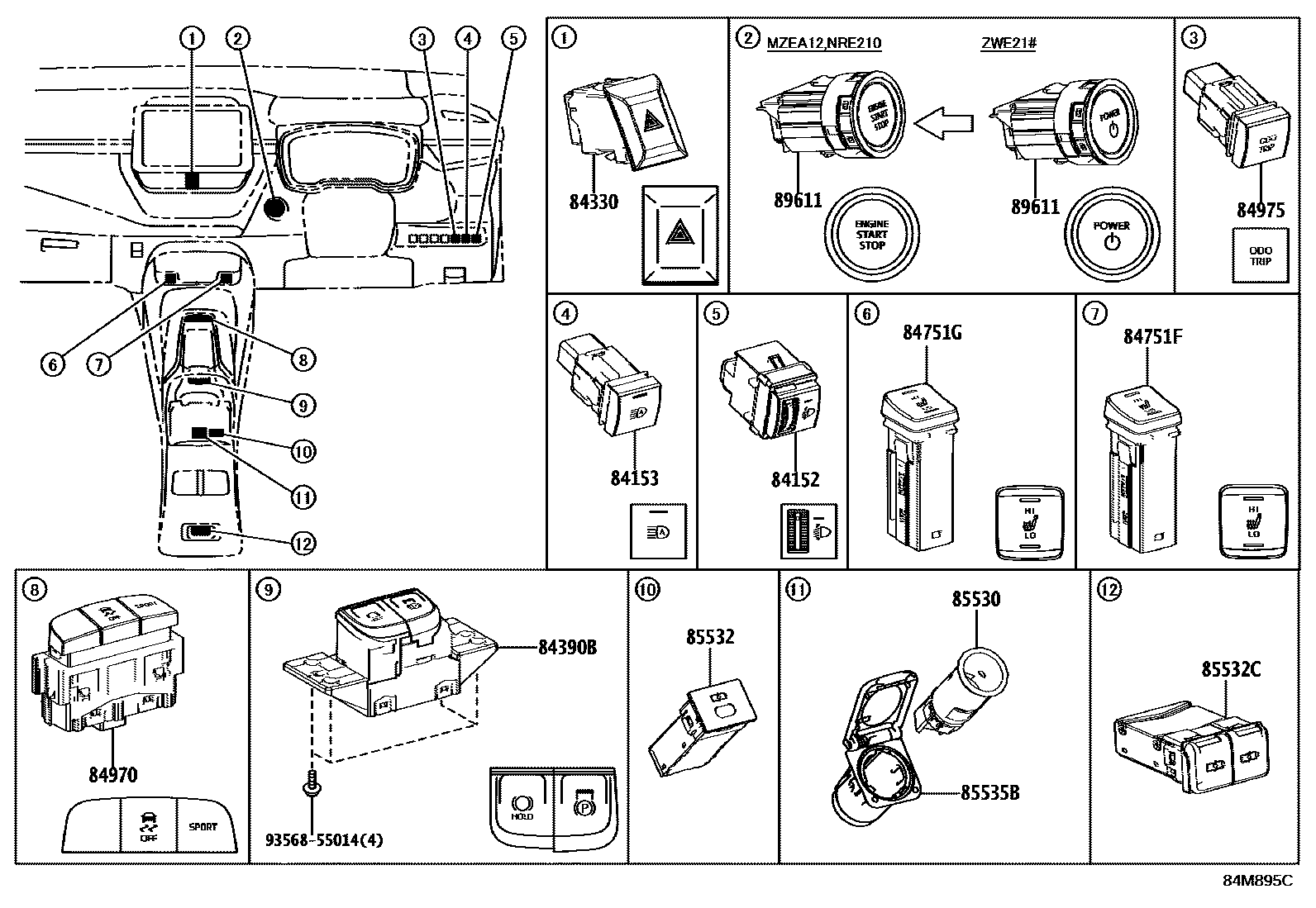 Toyota COROLLA 开关和继电器和ECU EPC diagram — 84M895C