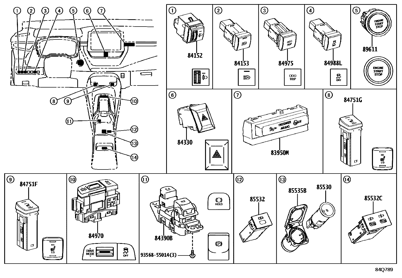 Toyota COROLLA 开关和继电器和ECU EPC diagram — 84Q789