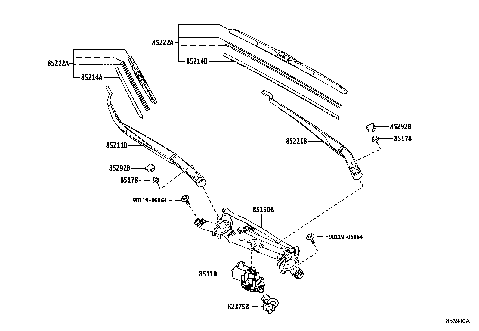 Toyota COROLLA 挡风玻璃刮水器 EPC diagram — 853940A