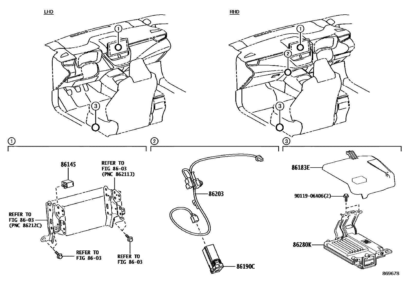 Toyota COROLLA 收音机、放大器和冷凝器 EPC diagram — 869678