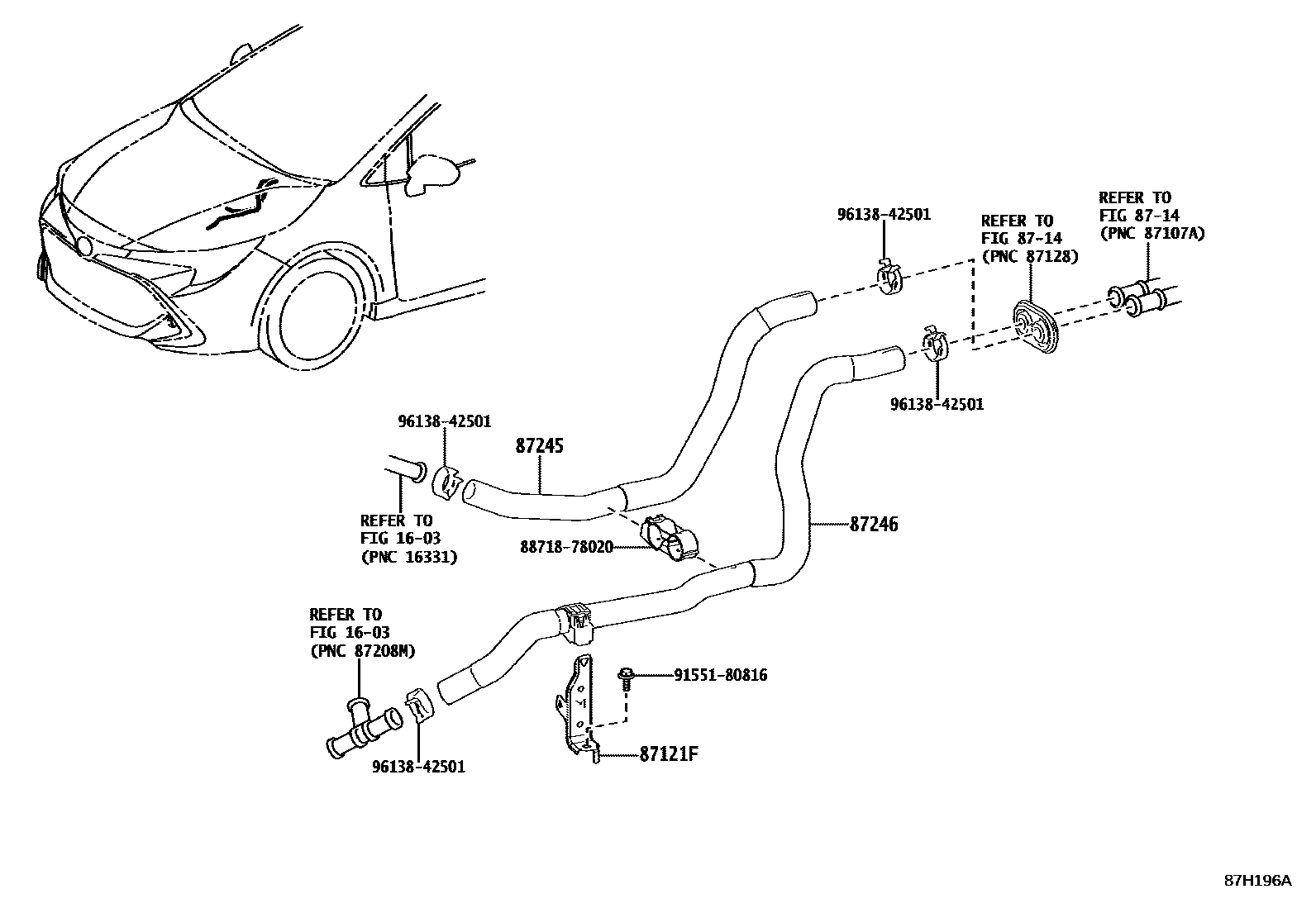 Toyota COROLLA 暖风和空调系统 - 水管 EPC diagram — 87H196A