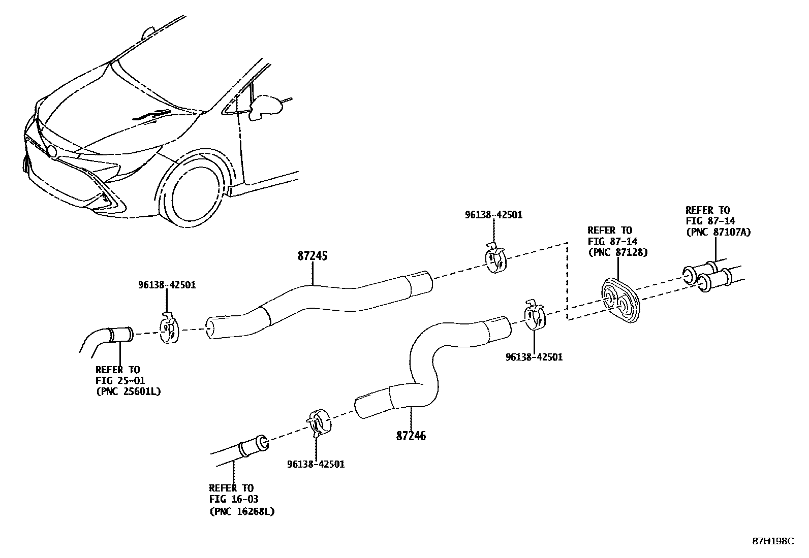 Toyota COROLLA 暖风和空调系统 - 水管 EPC diagram — 87H198C