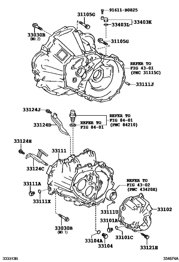 Toyota COROLLA 离合器壳和变速器壳(MTM) EPC diagram — 334674A