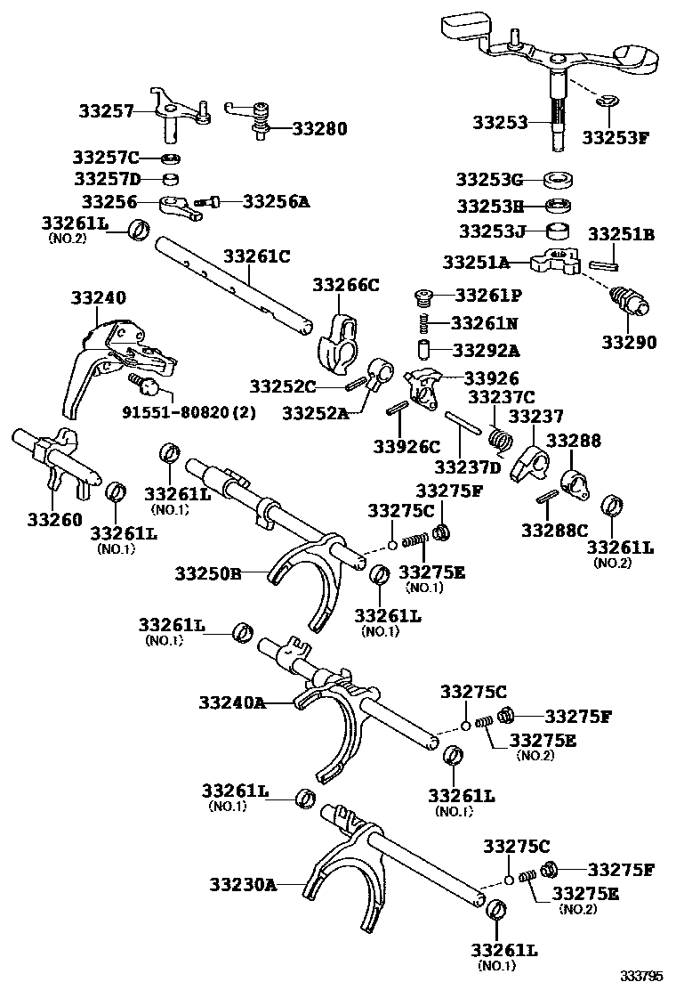 Toyota COROLLA 换档拨叉和换档杆轴(MTM) EPC diagram — 333795