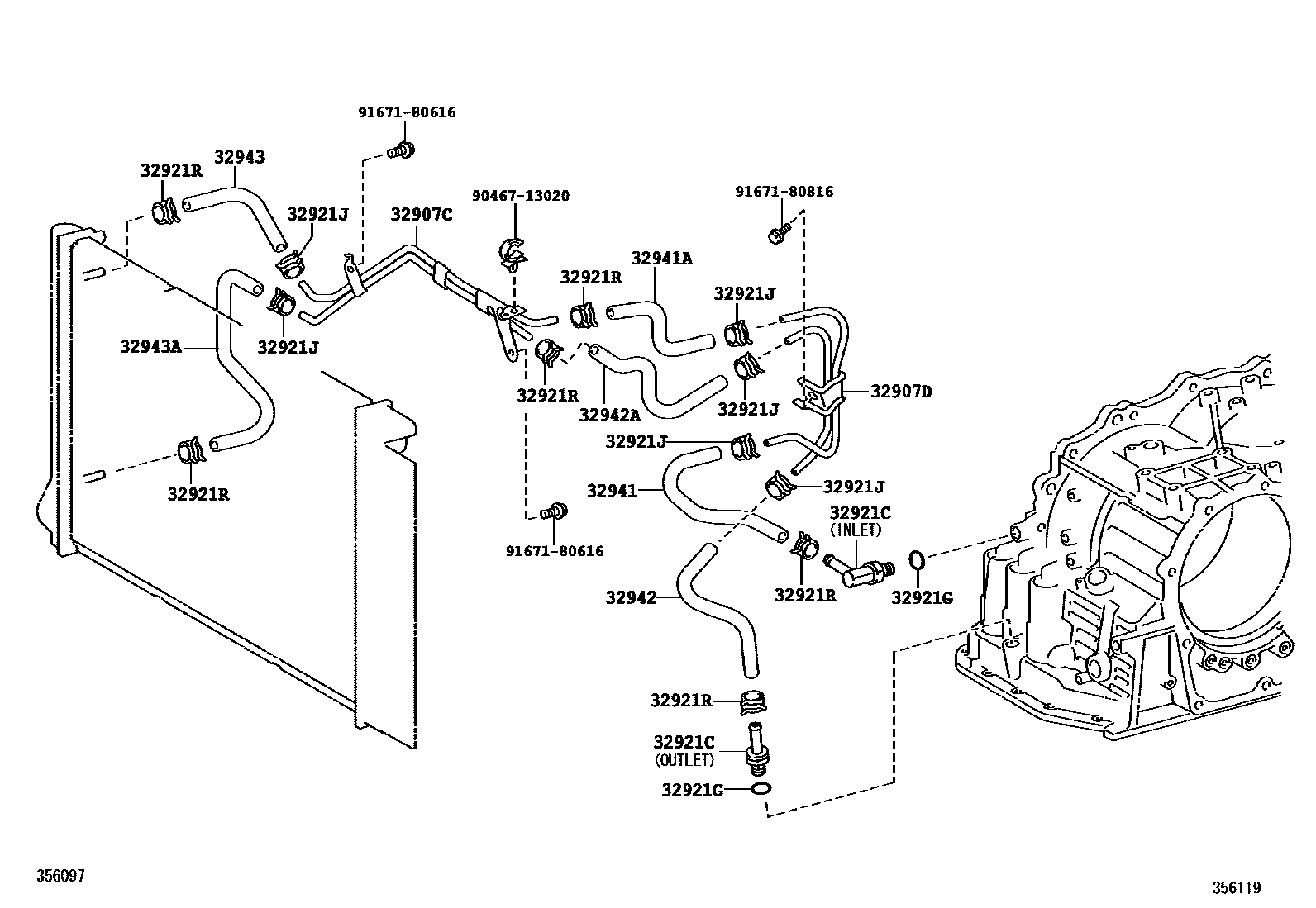 Toyota COROLLA 变速器油冷却器和配管(ATM) EPC diagram — 356119
