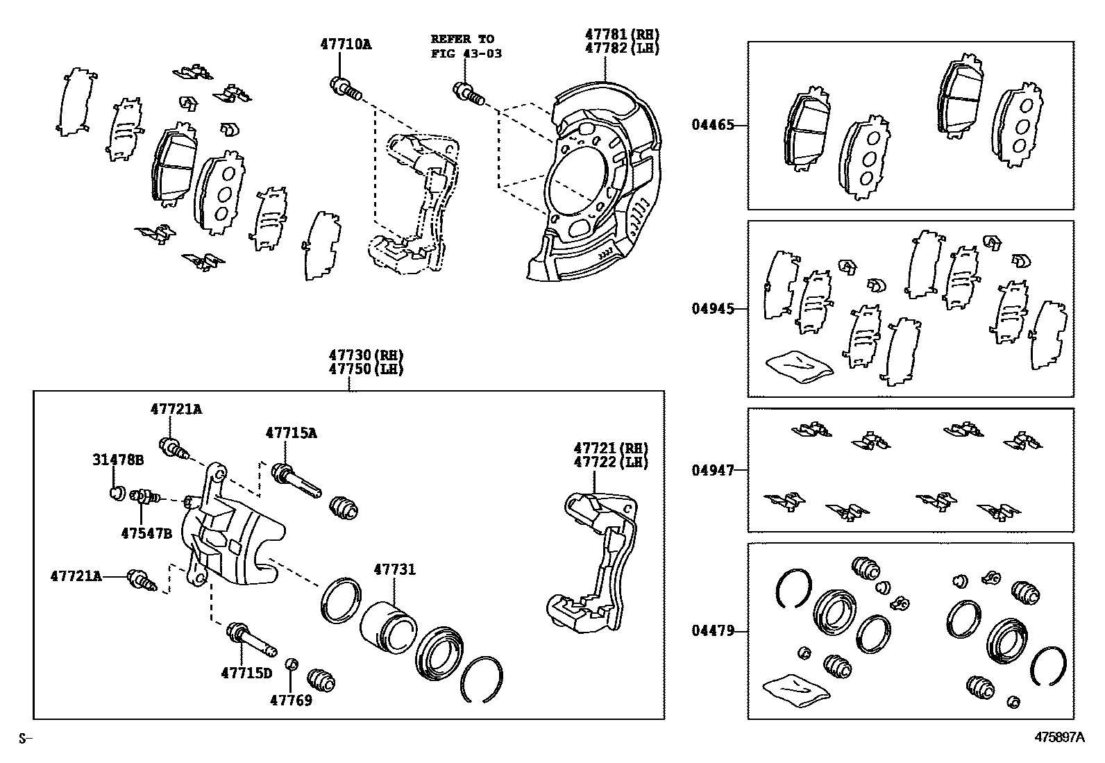 Toyota COROLLA 前盘式制动器卡钳和防尘罩 EPC diagram — 475897A