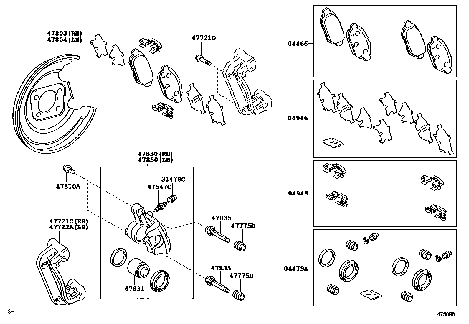 Toyota COROLLA 后盘式制动器卡钳和防尘罩 EPC diagram — 475898