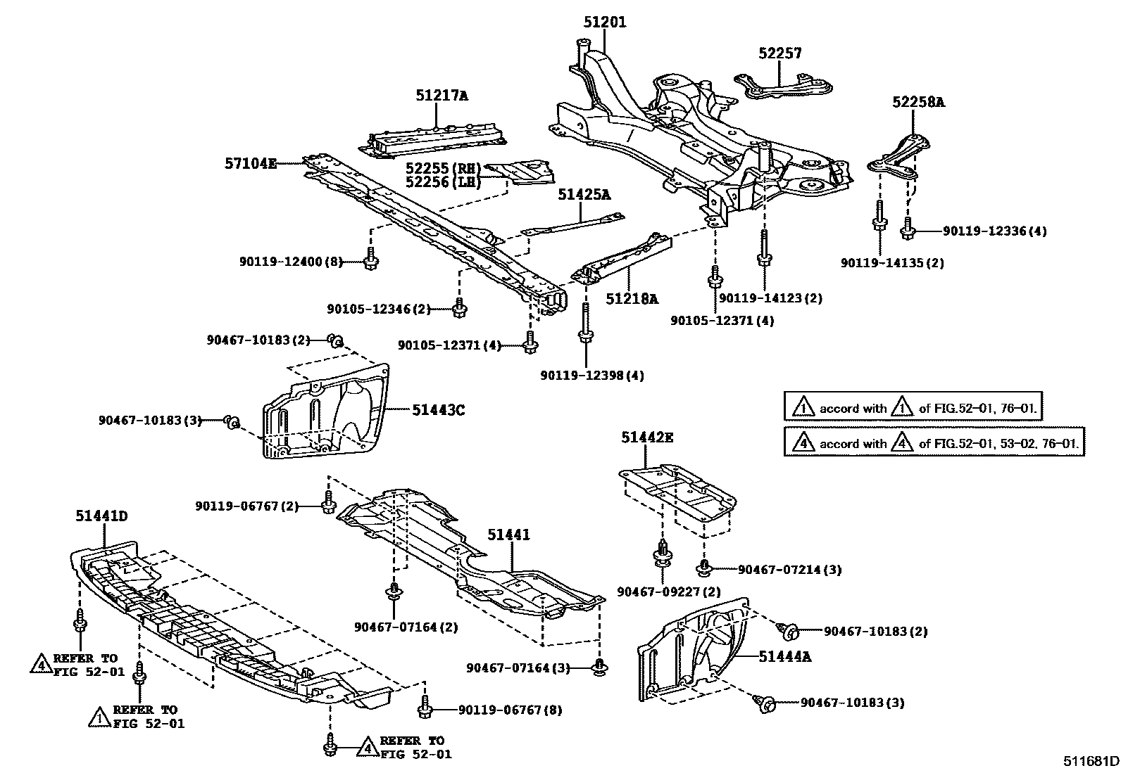 Toyota COROLLA 悬架横梁和发动机底罩 EPC diagram — 511681D