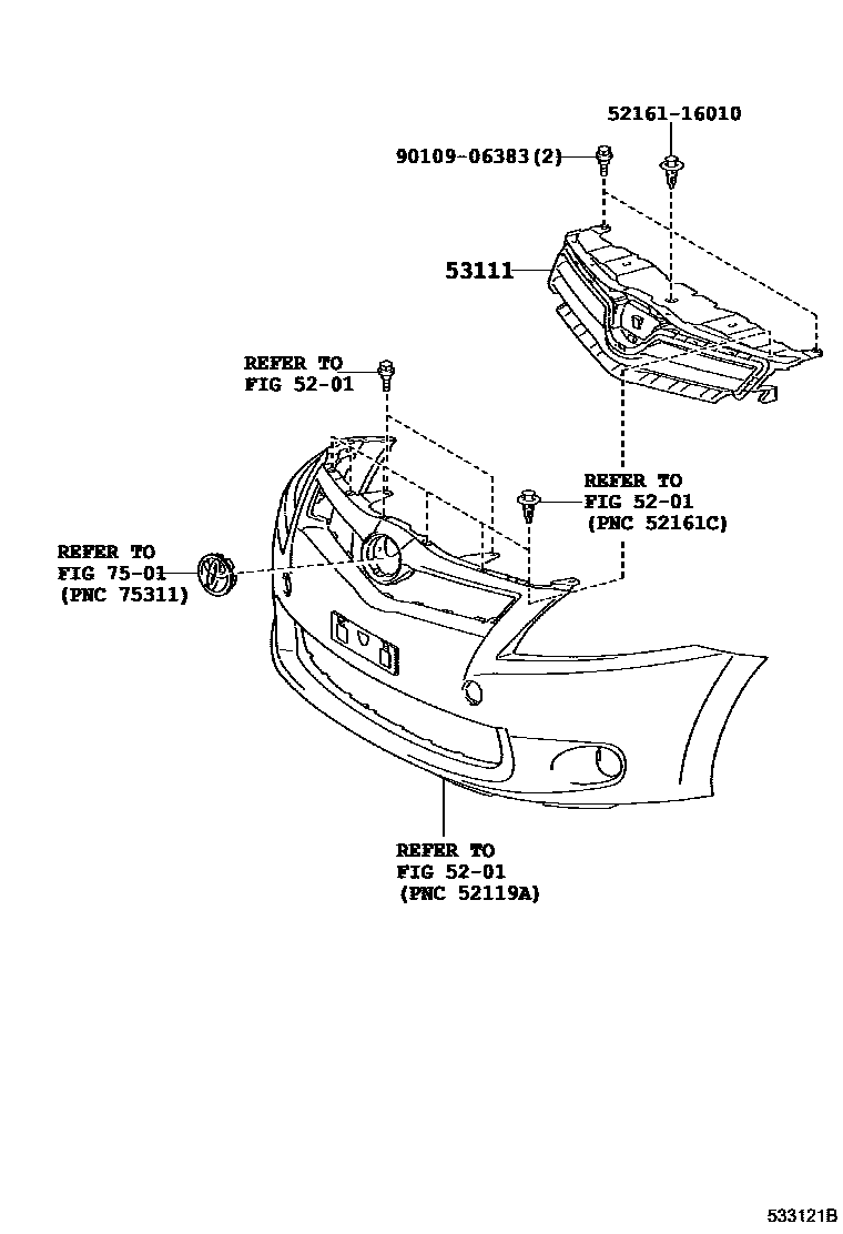 Toyota COROLLA radiator grille EPC diagram — 533121B