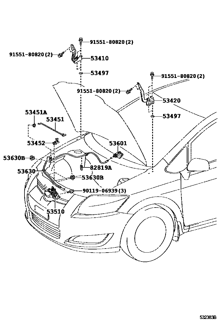 Toyota COROLLA 发动机盖锁和铰链 EPC diagram — 532383B