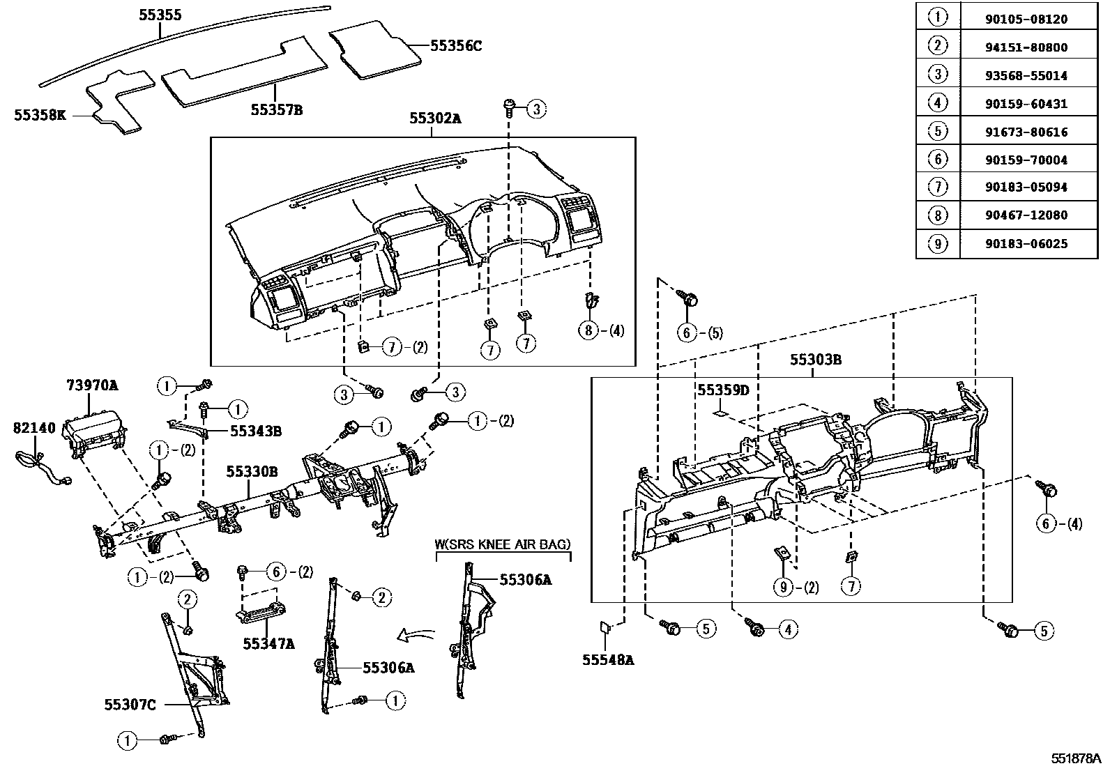Toyota COROLLA 仪表板和手套箱 EPC diagram — 551878A