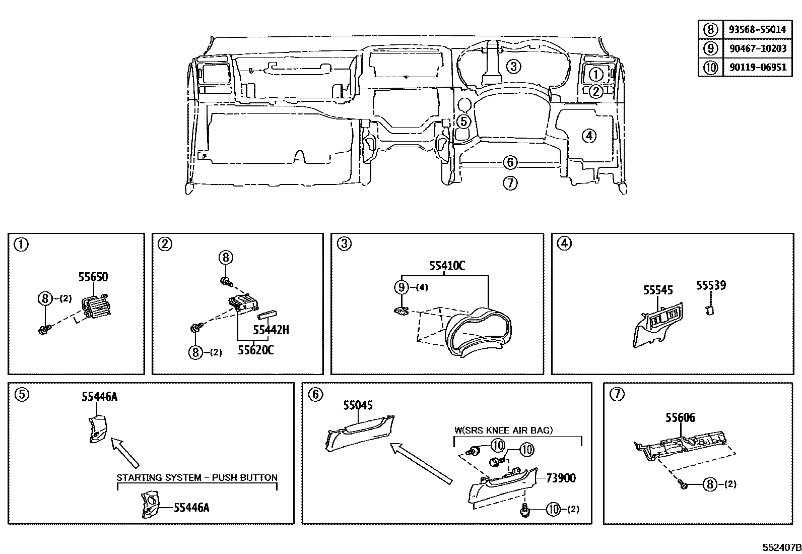 Toyota COROLLA 仪表板和手套箱 EPC diagram — 552407B