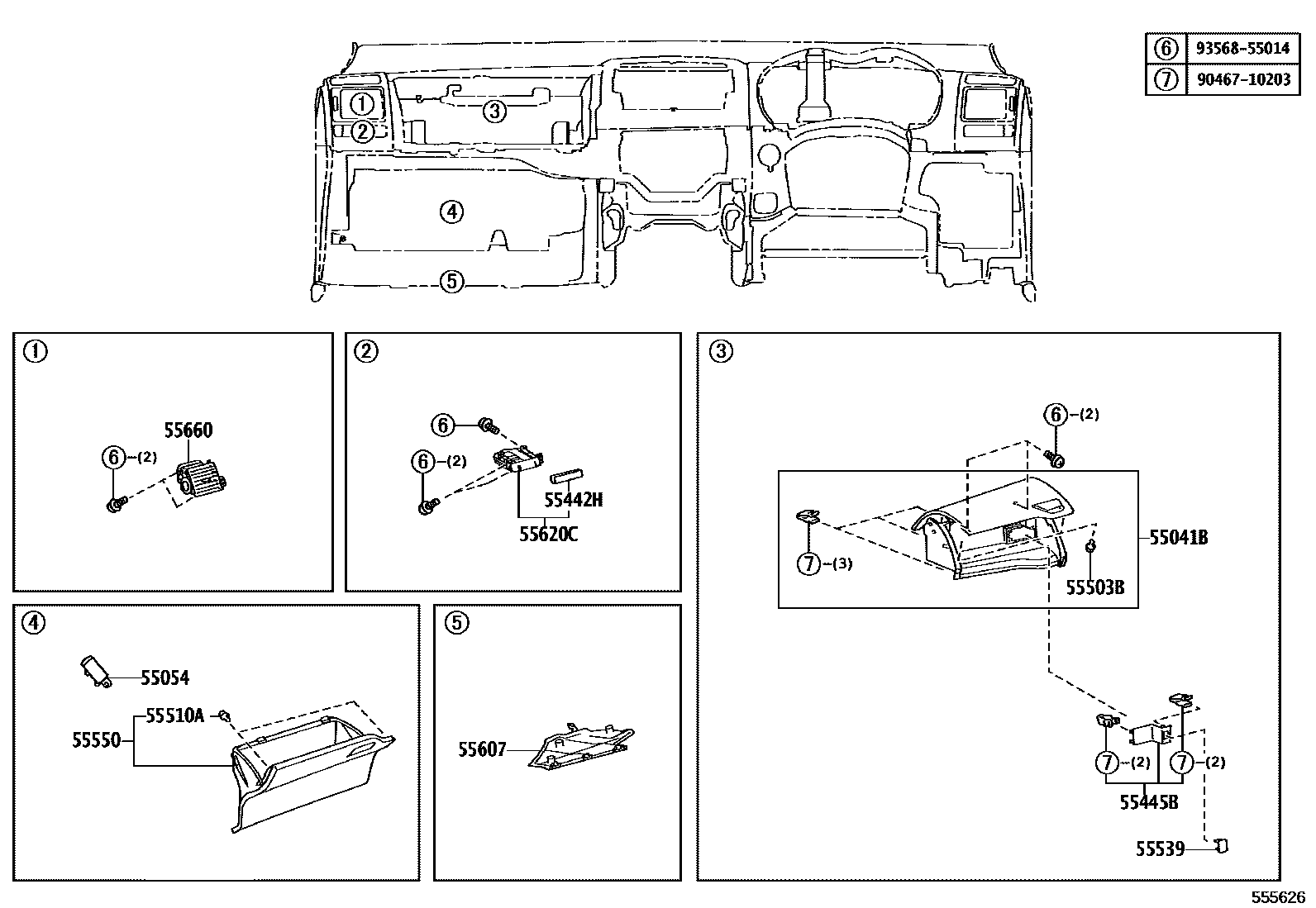 Toyota COROLLA 仪表板和手套箱 EPC diagram — 555626