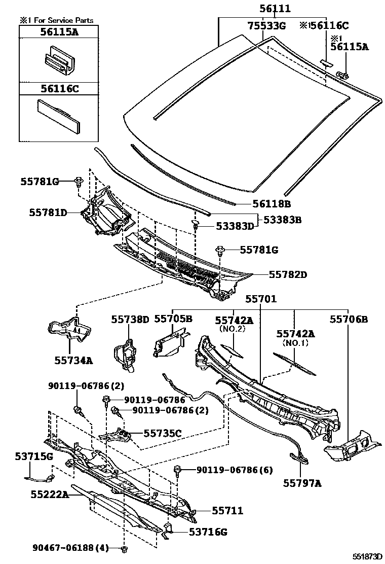 Toyota COROLLA 前围板和挡风玻璃 EPC diagram — 551873D