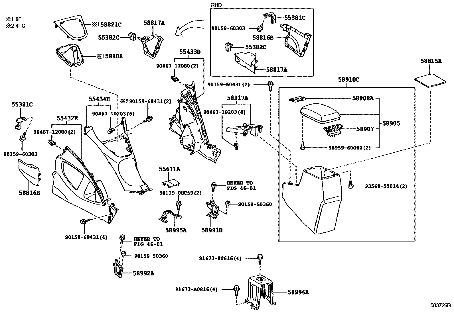 Toyota COROLLA 中央扶手箱和支架 EPC diagram — 583726B