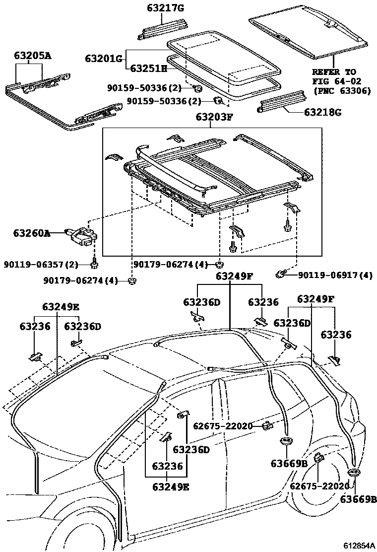 Toyota COROLLA 天窗板和背窗玻璃 EPC diagram — 612854A