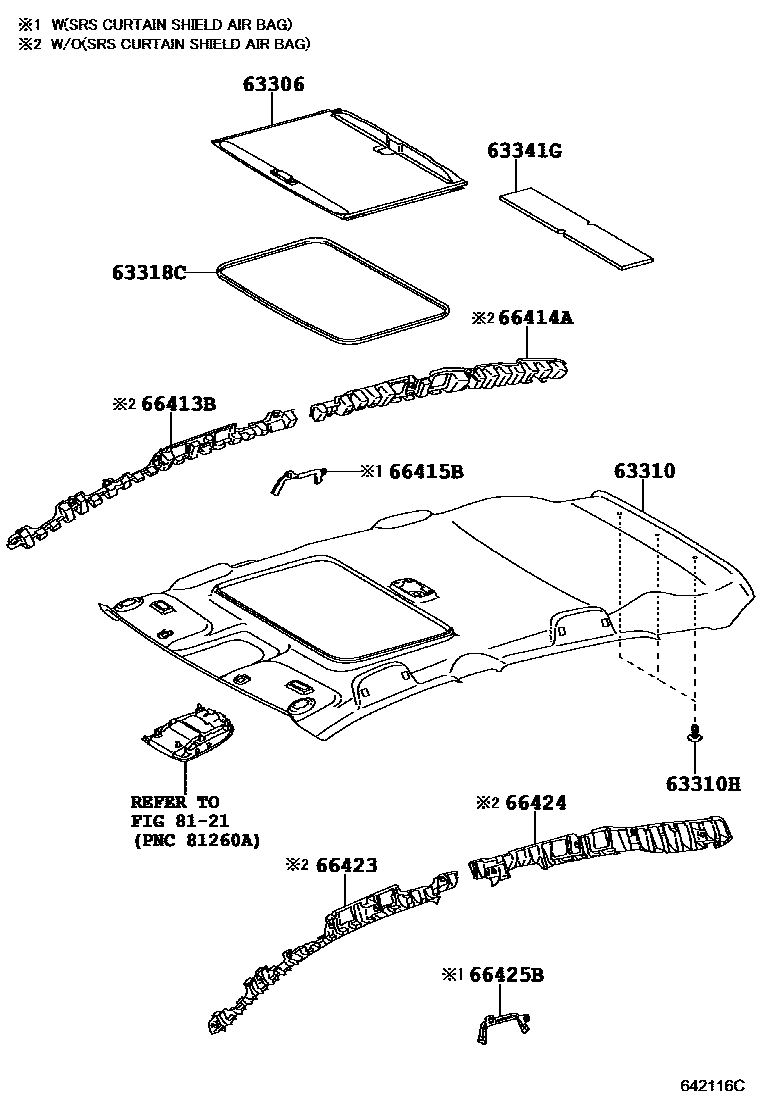 Toyota COROLLA 车顶内衬和消声垫 EPC diagram — 642116C