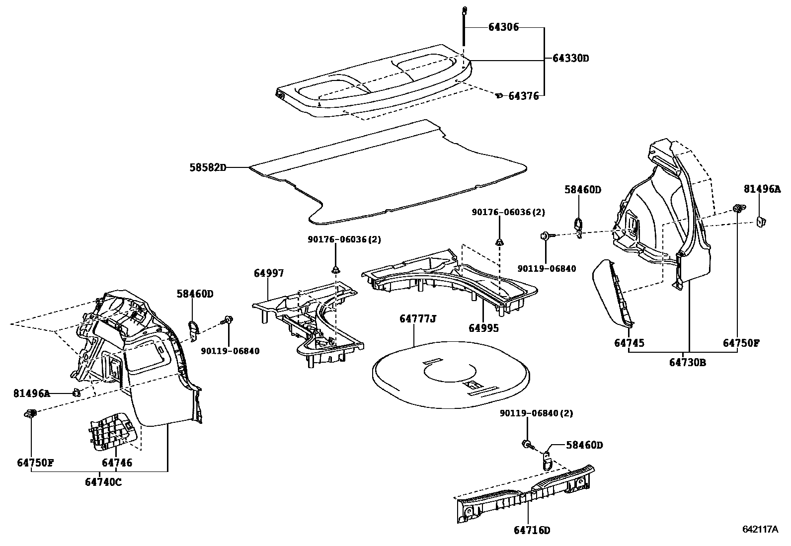 Toyota COROLLA 底板和底板装饰罩 EPC diagram — 642117A