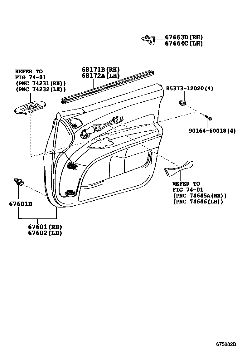 Toyota COROLLA 前门板和前门玻璃 EPC diagram — 675082B
